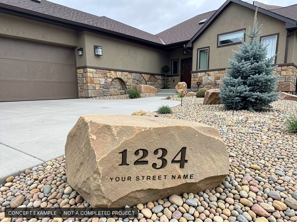 Custom address boulder, buff sandstone - concept example rendering, not a completed Q Lawn project
