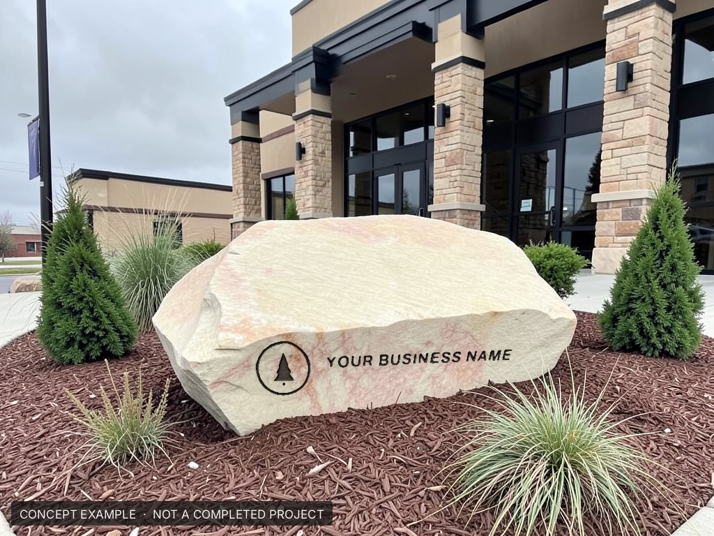 Your business name and logo boulder - concept example rendering, not a completed Q Lawn project