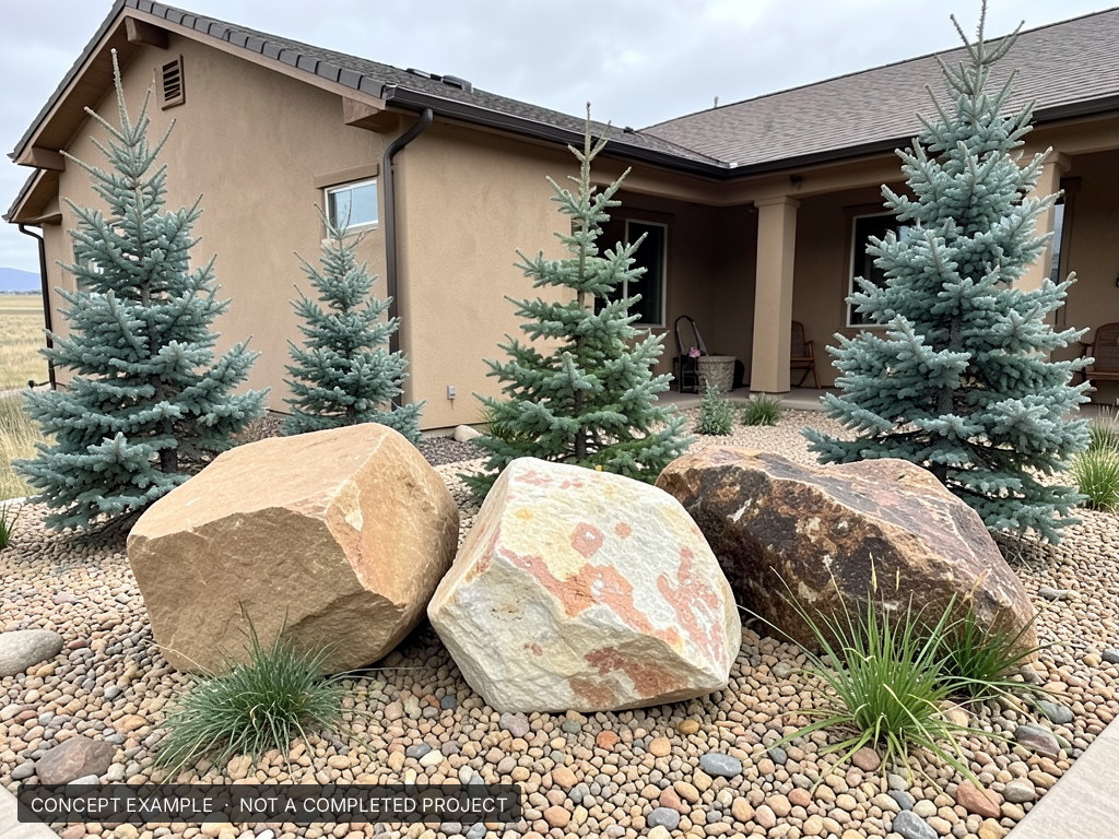 Natural landscape feature boulders - concept example rendering, not a completed Q Lawn project