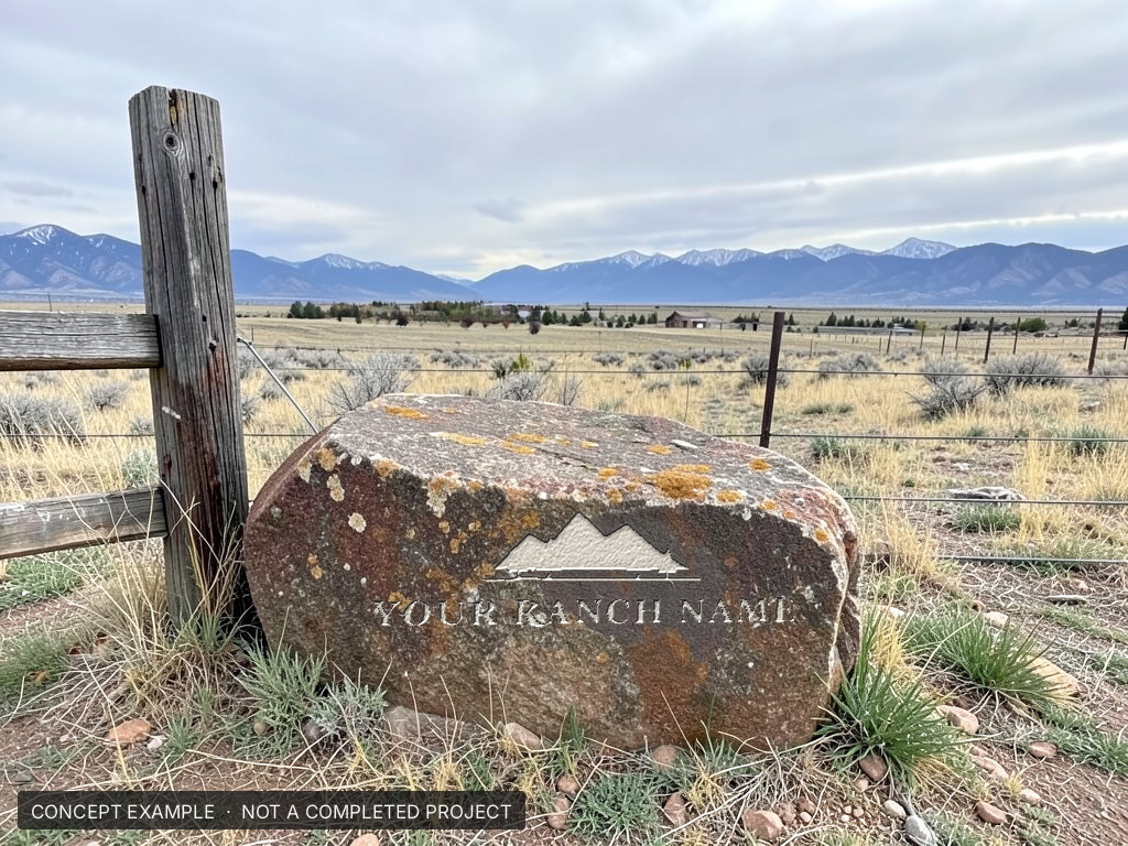 Your ranch name, carved emblem - concept example rendering, not a completed Q Lawn project