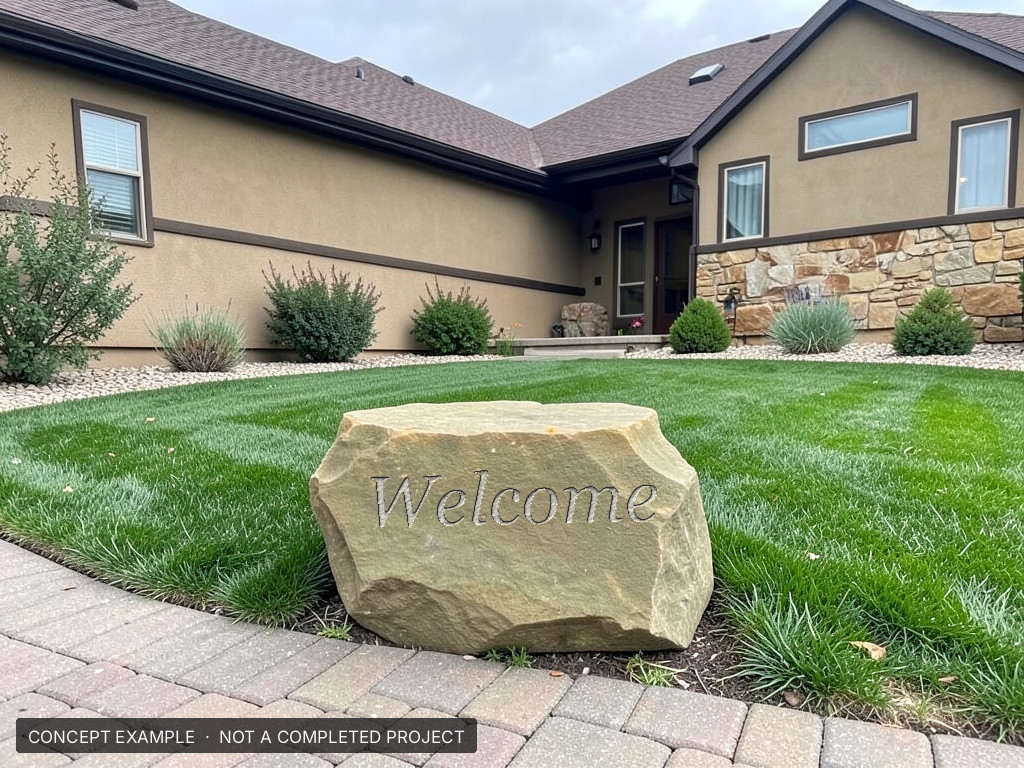 Welcome stone - concept example rendering, not a completed Q Lawn project