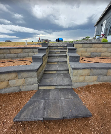 Wide stone steps flanked by squared stone pillars built into a retaining wall, Cheyenne, Wyoming